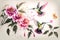 Watercolor painting of colibri birds and sakura flowers, printable wall art illustration