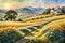 Watercolor Painting of a Countryside in the Peak of Summer - Rolling Green Hills Under a Clear Blue Sky