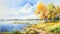 Watercolor Painting Crescent Lake With Dnieper River And Yellow Field
