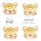 Watercolor painting cute adorable baby tiger face head in different emotions, born to roar, cute animal character idea for child