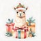 Watercolor painting of cute llama alpaca with Christmas gifts