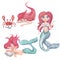 Watercolor painting with cute mermaids, crab,seashell. Cartoon characters