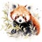 A watercolor painting of a cute red panda over a white background. Portrait with bamboo