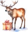 Watercolor painting of cute reindeer with a Christmas theme. Ai-generated.
