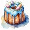 Watercolor painting of delicious Easter bundt cake with blue glazing isolated on white