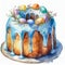 Watercolor painting of delicious Easter bundt cake with blue glazing isolated on white