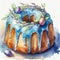 Watercolor painting of delicious Easter bundt cake with blue glazing isolated on white