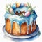 Watercolor painting of delicious Easter bundt cake with blue glazing isolated on white