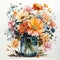 Watercolor painting depicting vibrant flowers in a glass vase. Generative Ai