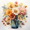 Watercolor painting depicting vibrant flowers in a glass vase. Generative Ai