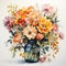 Watercolor painting depicting vibrant flowers in a glass vase. Generative Ai