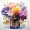 Watercolor painting depicting vibrant flowers in a glass vase. Generative Ai