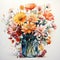 Watercolor painting depicting vibrant flowers in a glass vase. Generative Ai