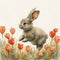 Watercolor Painting of a Easter Bunny Hopping Over a Field of Tulips AI Generated