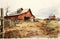 Watercolor Painting On A Farm: Light Red And Dark Bronze Style