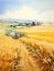 A Watercolor Painting Of A Farmland Scene, A Farm Machinery In A Field