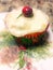 Watercolor painting of festive Christmas cupcake with frosting and cranberry on top