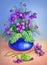 Watercolor painting. Flowers in blue vase