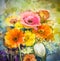 Watercolor painting flowers. Hand paint still life bouquet of yellow ,orange, white gerbera, rose, tulip flowers