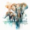 watercolor painting of four elephants standing on a riverbank