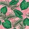 Watercolor painting green,coconut leaves seamless pattern with shadow on pink background.Watercolor llustration palm,pink leaf,tre