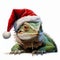 Watercolor painting of a green iguana wearing red Santa Claus hat, smiling with the corner of his mouth. It conveys a feeling of