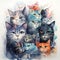 Watercolor painting of a group of cats with different colors in the background AI generated Generative AI