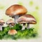 A watercolor painting of a group of mushrooms perched over a lush green meadow