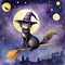 Watercolor and painting halloween witch black cat is riding a broomstick with moon in night dark sky