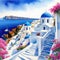 watercolor painting by hand of the Santorini painting of a scene with white a a blue bougainvillea a blue Greek and