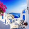 watercolor painting by hand of the Santorini painting of a scene with white a a blue bougainvillea a blue Greek and