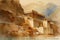 Watercolor painting of Hatshepsut\\\'s Mortuary Temple in Egypt.