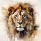 A watercolor painting of the head of an elegant lion, the king of the jungle, in dark beige and golden colors. Generative AI