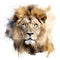 A watercolor painting of the head of an elegant lion, the king of the jungle, in dark beige and golden colors. Generative AI