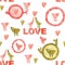 Watercolor painting with hearts, birds and wooden circles. Seamless hand drawing pattern for valentines cards, posters, prints.