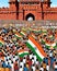 Watercolor painting of Historic Freedom Struggle Crowd in front of Red Fort of India. Republic day of India. Independence day of