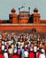 Watercolor painting of Historic Freedom Struggle Crowd in front of Red Fort of India. Republic day of India. Independence day of