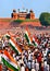 Watercolor painting of Historic Freedom Struggle Crowd in front of Red Fort of India. Republic day of India. Independence day of