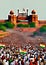 Watercolor painting of Historic Freedom Struggle Crowd in front of Red Fort of India. Republic day of India. Independence day of