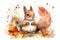 watercolor painting illustration of small cute squirrel in autumn