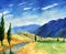 Watercolor painting with italian country landscape. Typical tuscan hills with cypress and farmland.