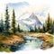 Watercolor Painting Of Jasper National Park: Mountain Landscape With River And Trees