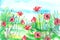 Watercolor painting, landscape of bright green grass, red poppy steppe,green, yellow flowers, plants, field, meadow against a blue