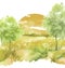 Watercolor painting, landscape of bright yellow,green grass, steppe, wild flowers, plants, field, meadowy.On a white background. L