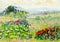 Watercolor painting landscape colorful of wildflowers, cottage i