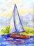 Watercolor painting of landscape with one sailboat. Bright seascape, scenery with boat on sunset