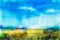 Watercolor painting landscape, wildflower and blue sky