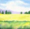 watercolor painting landscape with yellow field, grass and distant trees, blurry abstract natural background