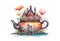 watercolor painting of magical fabulous house in fantastic teapot