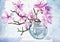 Watercolor painting of magnolia flower in vase